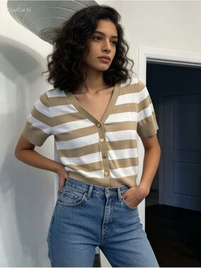 Michael Michael Kors Striped Short-Sleeve Button front Cardigan - Tan & White